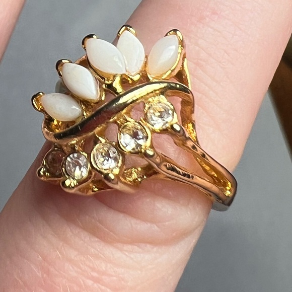 Vintage Jewelry - Vintage Gold Floral Statement Ring White Marquise Petals & Crystal Accents